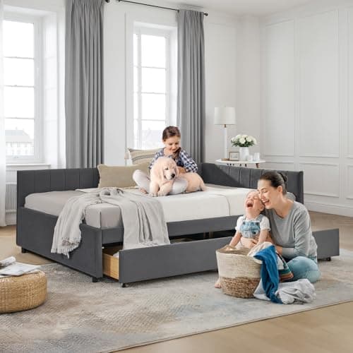 JEEOHEY Full Size Velvet Striped Daybed with Storage, Grey