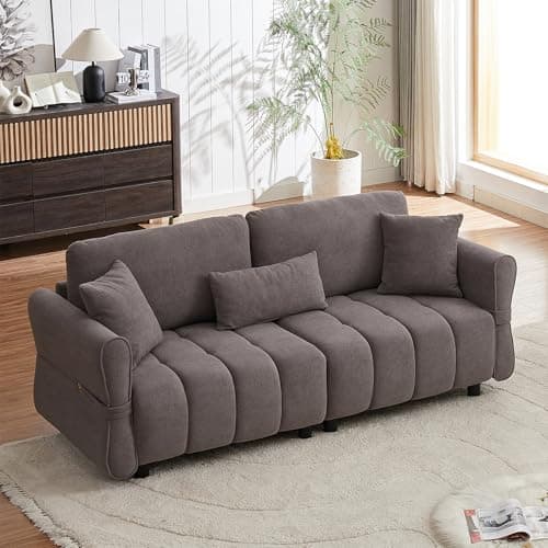 Black 3-Seater Mid Century Chenille Couch with Tufted Design & 3 Pillows