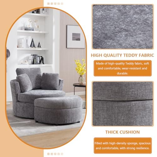 Modern Swivel Chair with Storage Ottoman, Oversized Round Barrel Chair for Nursery, Living Room, Bedroom