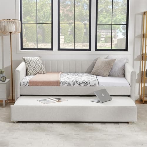 Twin Size Daybed with Trundle and Stripes - Beige
