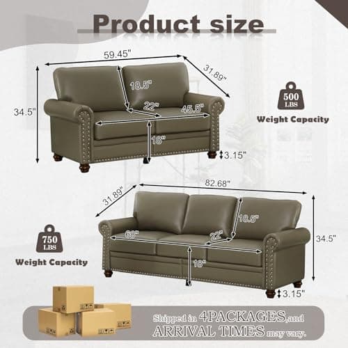 Faux Leather Sofa Set with Storage, Modern Loveseat with Rivet Rolled Arm, Oversize 3 Seater Couch for Living Room Bedroom Office