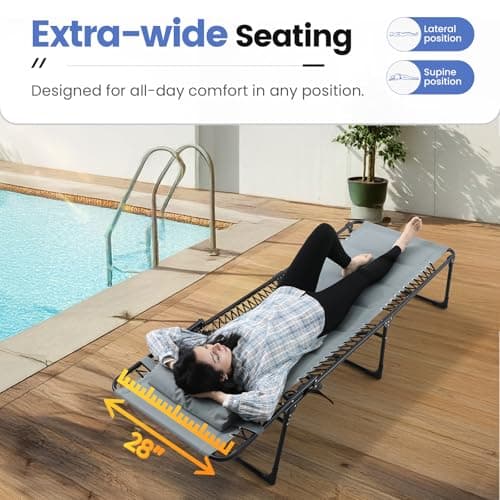 EZCHEER XL Outdoor Folding Lounge Chair, Grey, Oversized Sun Tanning Recliner