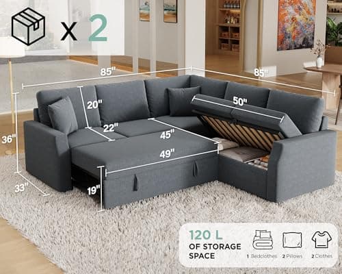 Jocisland 85" Oversized L-Shaped Sleeper Sofa with Storage, Grey Linen