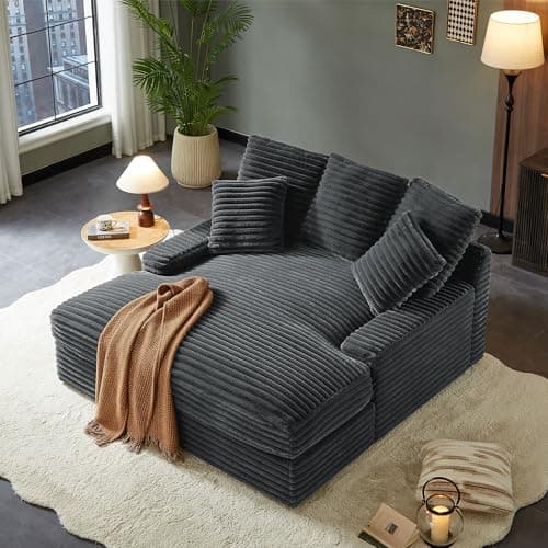 Eafurn Corduroy Upholstered Chaise Lounge Sofa with Ottoman & Cupholders