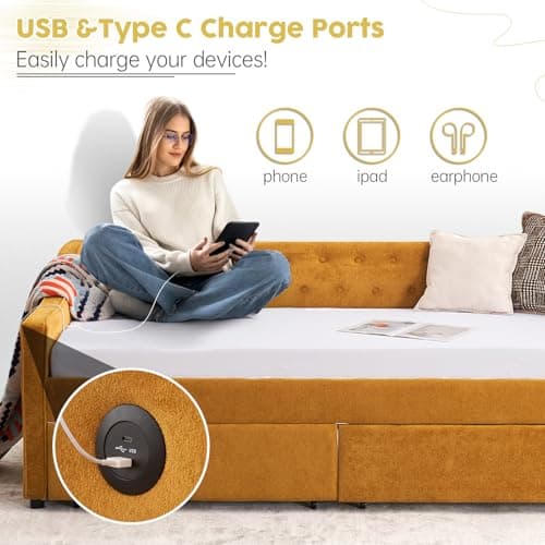 Twin Size Velvet Daybed with Storage & USB Charging,Button Tufted Yellow Webcam-Free Sofa Bed