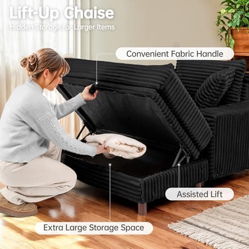 54" Multifunctional Black Upholstered Chaise Lounge with Storage Ottoman and Pillows