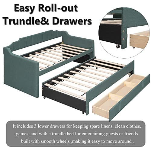 Harper & Bright Designs Green Storage Daybed with 3 Drawers and Trundle