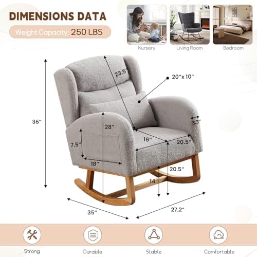 Modern Nursery Rocking Chair with High Backrest and Side Pockets - Grey