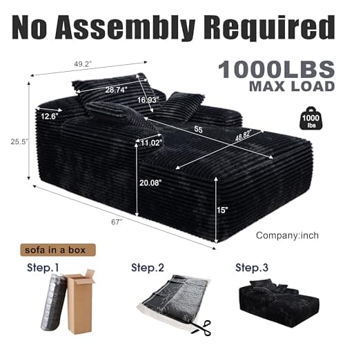 Black Corduroy Oversized Lounge Chair - 67" Memory Foam Sleep SofaBed in a Box
