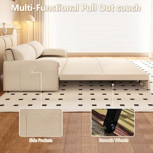 GNIXUU 66" Queen Pull-Out Sofa Bed, Beige Velvet Sleeper Couch with Side Storage