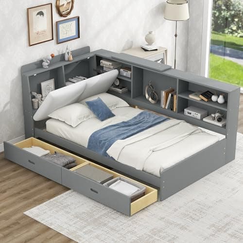 Twin L-Shaped Daybed with Upholstered Headboard & Drawers, Gray Captains Bed & Bookcase