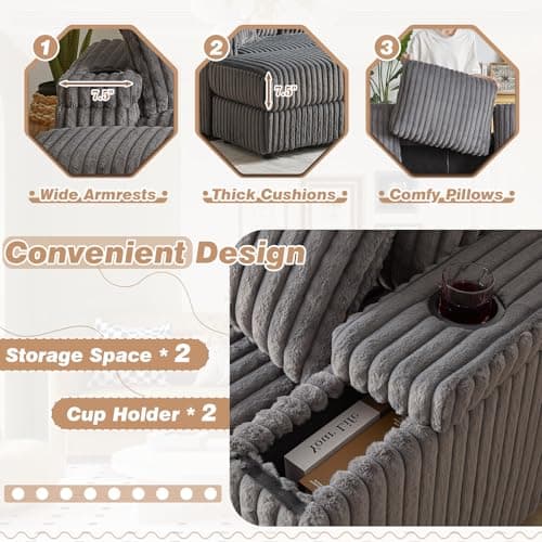 Grey 3 Seater Oversized Chaise Lounge with Storage & Cup Holders