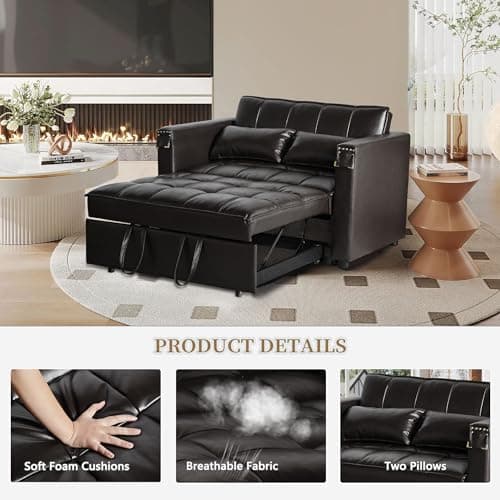 3-in-1 ORRD Convertible Sofa Bed, Faux Leather Loveseat with Pull-Out Chaise Lounge and Hidden Table