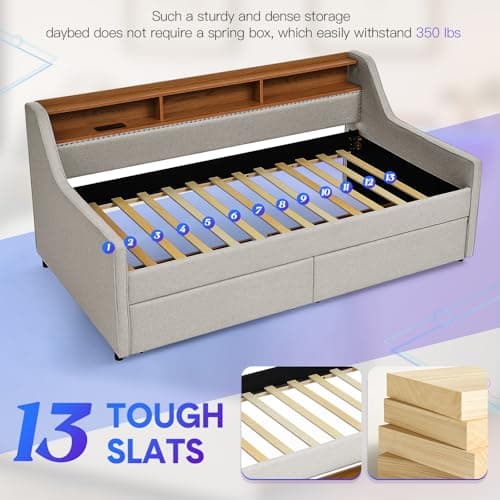 Modern Twin Size Daybed with Storage Drawers, Wireless Charger, and LED Light for Living Room or Apartment