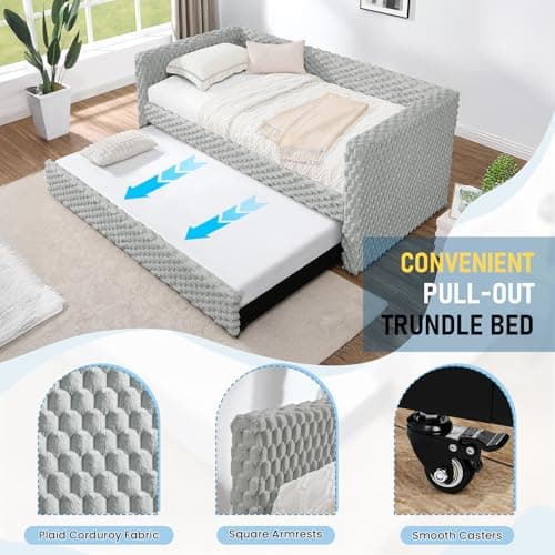 Plaid Corduroy Twin Daybed with Trundle, Grey Tufted Modern Sofa Couch