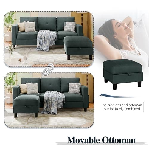 SUNLEI Movable Ottoman Storage L-Shaped Couch, Dark Grey Linen, Living Room Fit Small Spaces