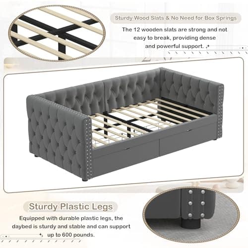Modern Velvet Twin Size Daybed with Storage Drawers and Nailhead Trim