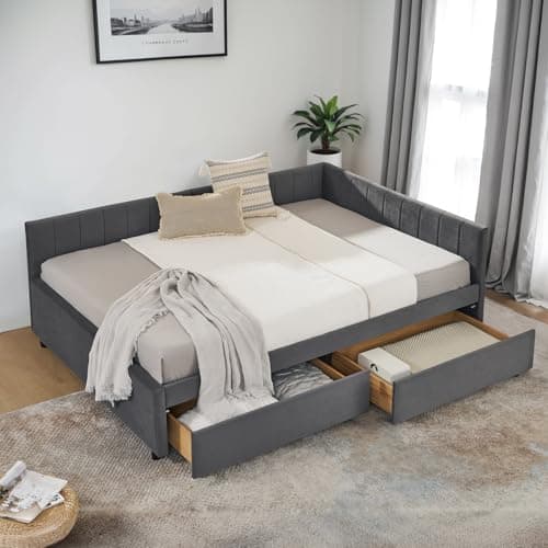 JEEOHEY Full Size Velvet Striped Daybed with Storage, Grey