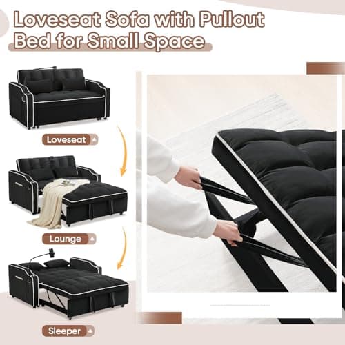 Modern Black Velvet 3-in-1 Sleeper Sofa Bed with USB Ports & Adjustable Backrest