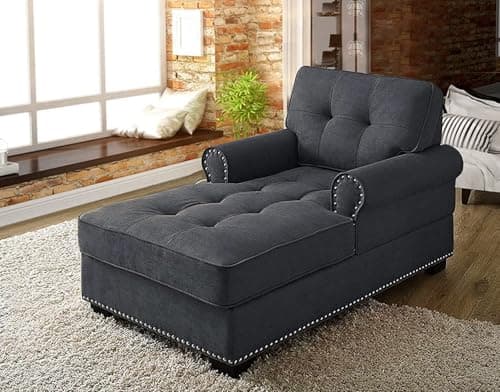 Dark Grey Rivet Upholstered Chaise Lounge Sofa Bed for Bedroom Living Room