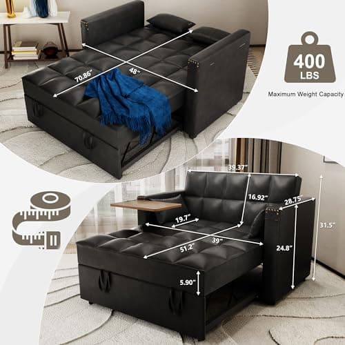 3-in-1 ORRD Convertible Sofa Bed, Faux Leather Loveseat with Pull-Out Chaise Lounge and Hidden Table