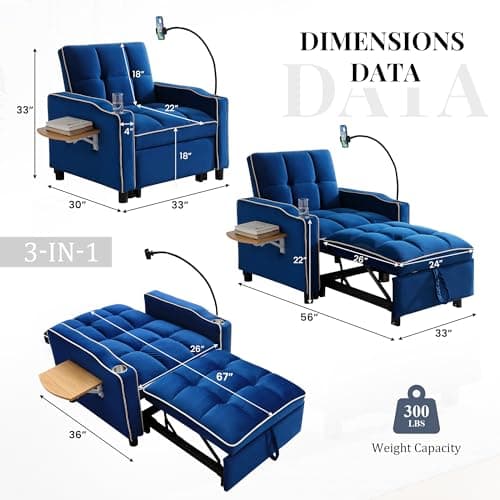 3-in-1 Velvet Tufted Recliner Sleeper Chair Bed with Phone Holder & Side Table (Blue)