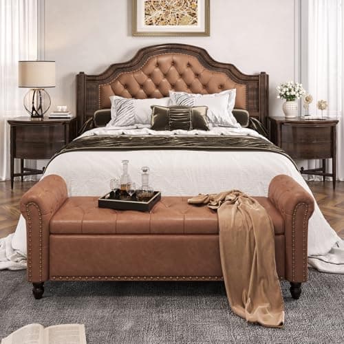 Faux Leather Window Bench with Storage & Tufted Button Detail, 65" Bedroom Bench, Brown