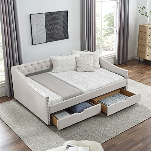 JEEOHEY Beige Button Tufted Full Size Upholstered Daybed with Drawers