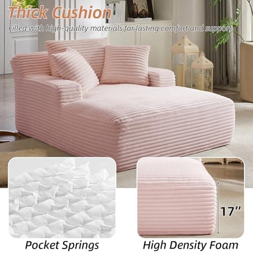 Oversized Pink Corduroy Chaise Lounge Chair with Recliner & Throw Pillows
