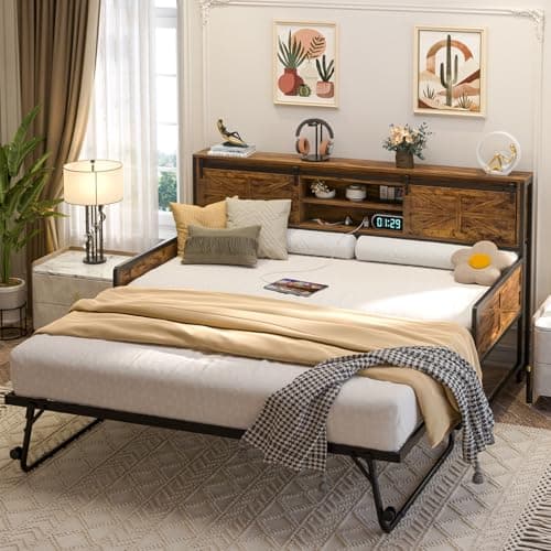 Homieasy Rustic Brown Farmhouse Twin Day Bed with Bookcase & Charging Station