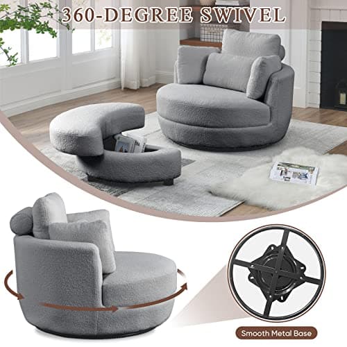 Grey Teddy Fabric Swivel Chair with Storage Ottoman
