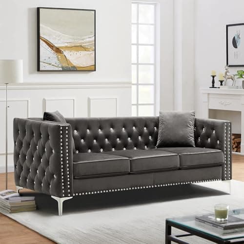JEEOHEY Grey 3 Seater Chesterfield Sofa, Mid Century Modern Velvet Couch