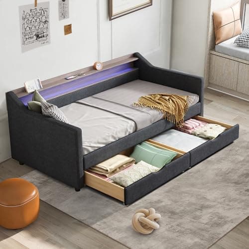 Linen Upholstered Ball & Cast Twin Daybed with Storage & Light Grey USB Port