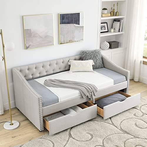 Modern Fabric Twin Upholstered Daybed with Drawers