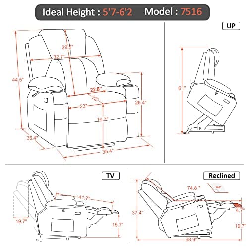 Large Power Recliner Sofa with Massage & Heat, 3 Positions, USB Ports, Extended Footrest, Coffee Fabric 7516