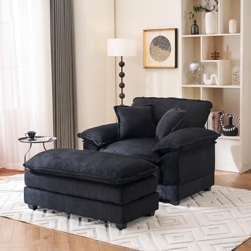 Oversized Cream White Corduroy Chaise Lounge Chair & Ottomans