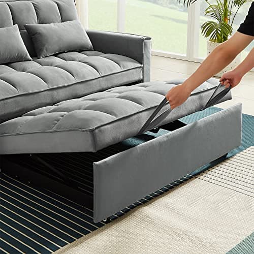 Modern Grey Velvet Sleeper Sofa with Pull Out Bed for Small Spaces