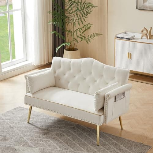 Beige Velvet Loveseat with Gold Legs, 55-inch Tufted Backrest Living Room Couch