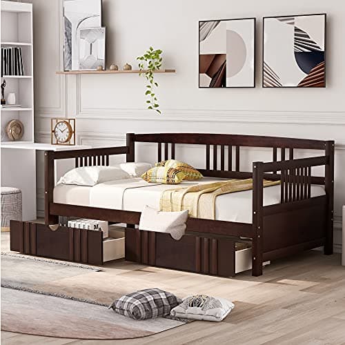 Merax Dark Espresso Twin Daybed with Rails and Wooden Slats