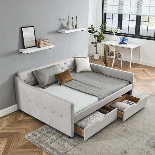 Modern Queen Size Upholstered Daybed with Storage Drawers