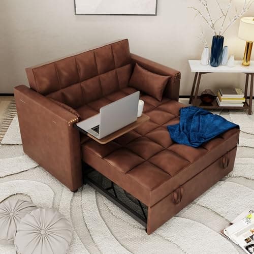 3-in-1 ORRD Convertible Sofa Bed, Faux Leather Loveseat with Pull-Out Chaise Lounge and Hidden Table