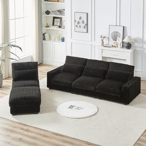 Black L Shaped Convertible Sectional Sofa with Ottoman & USB Port
