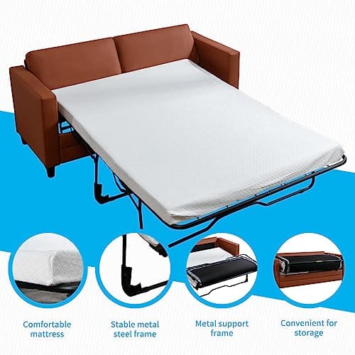 Convertible Queen Size Sleeper Sofa with Anti-Scratch Leather - Cognac
