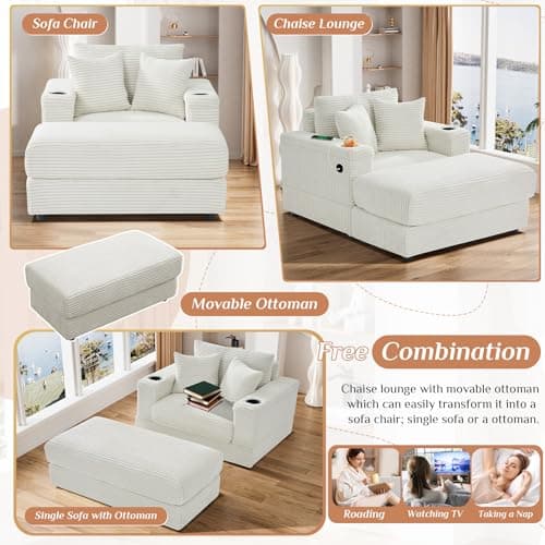 Beige & White Oversized Chaise Longue with USB & Cup Holder, 42" W