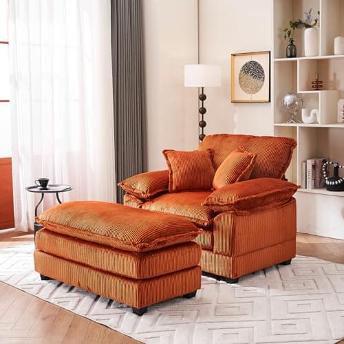 Oversized Cream White Corduroy Chaise Lounge Chair & Ottomans
