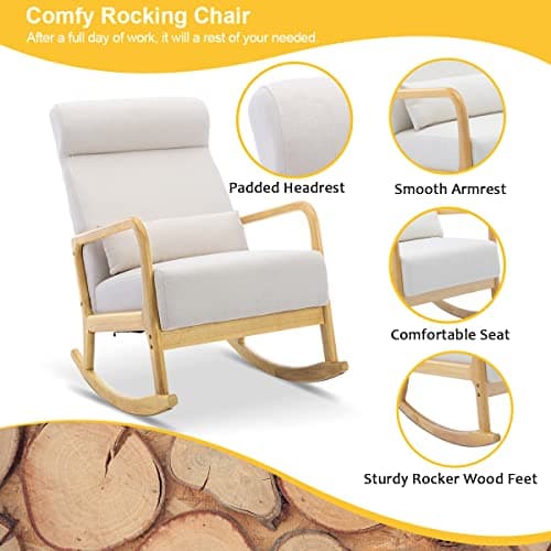 HOMREST Mid-Century Modern Rocking Chair with Ottoman & Side Pocket, White