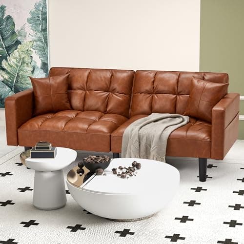 ECOTOUGE Convertible Futon Couch, Brown with Adjustable Backrest