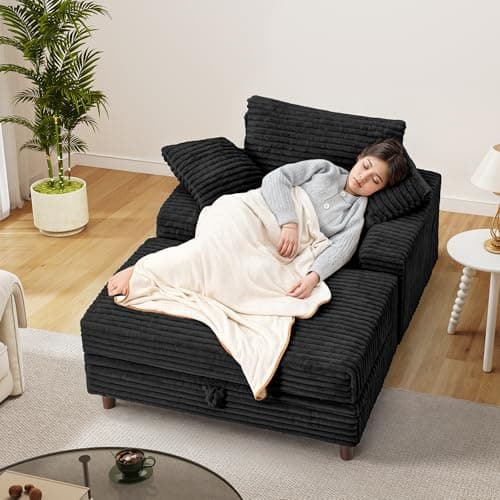 54" Multifunctional Black Upholstered Chaise Lounge with Storage Ottoman and Pillows