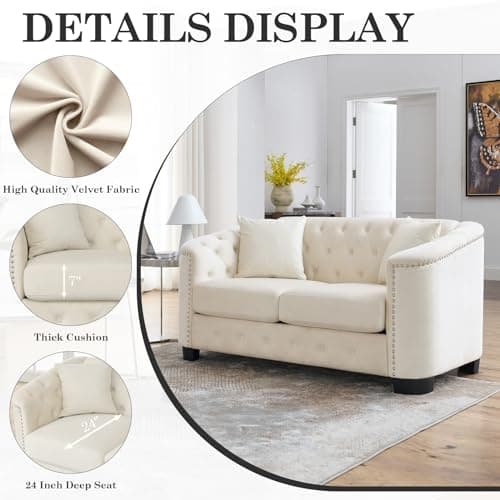JEEOHEY Velvet Chesterfield Sofa, Oversized Loveseat with Button Nailhead Beige