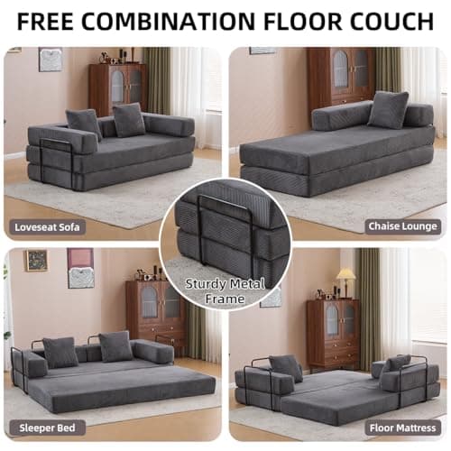 4-in-1 Convertible Folding Sleeper Sofa Bed, Dark Grey Corduroy Mattress Couch